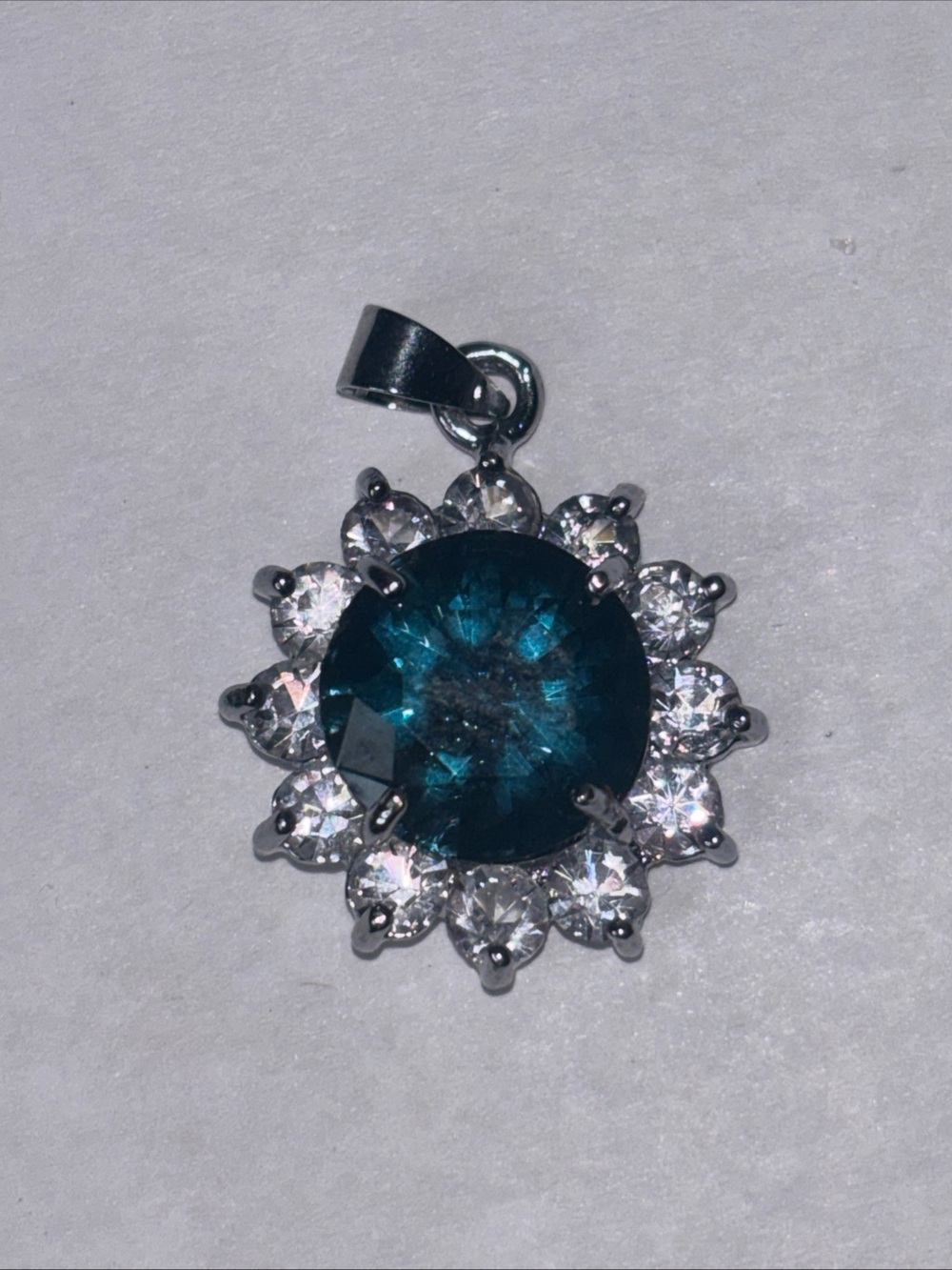 Vintage 18K GP Teal Blue Crystal Rhinestone Halo Pendant Gold Plated
